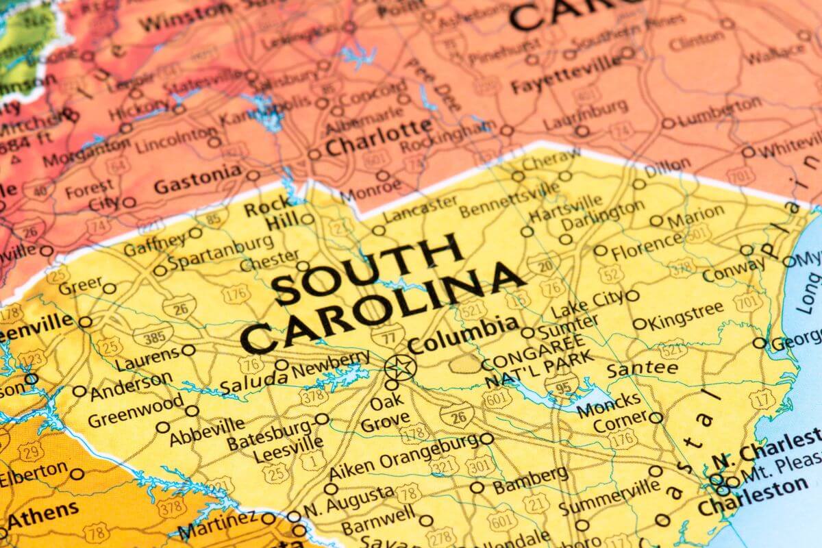 Une carte de la Caroline du Sud.