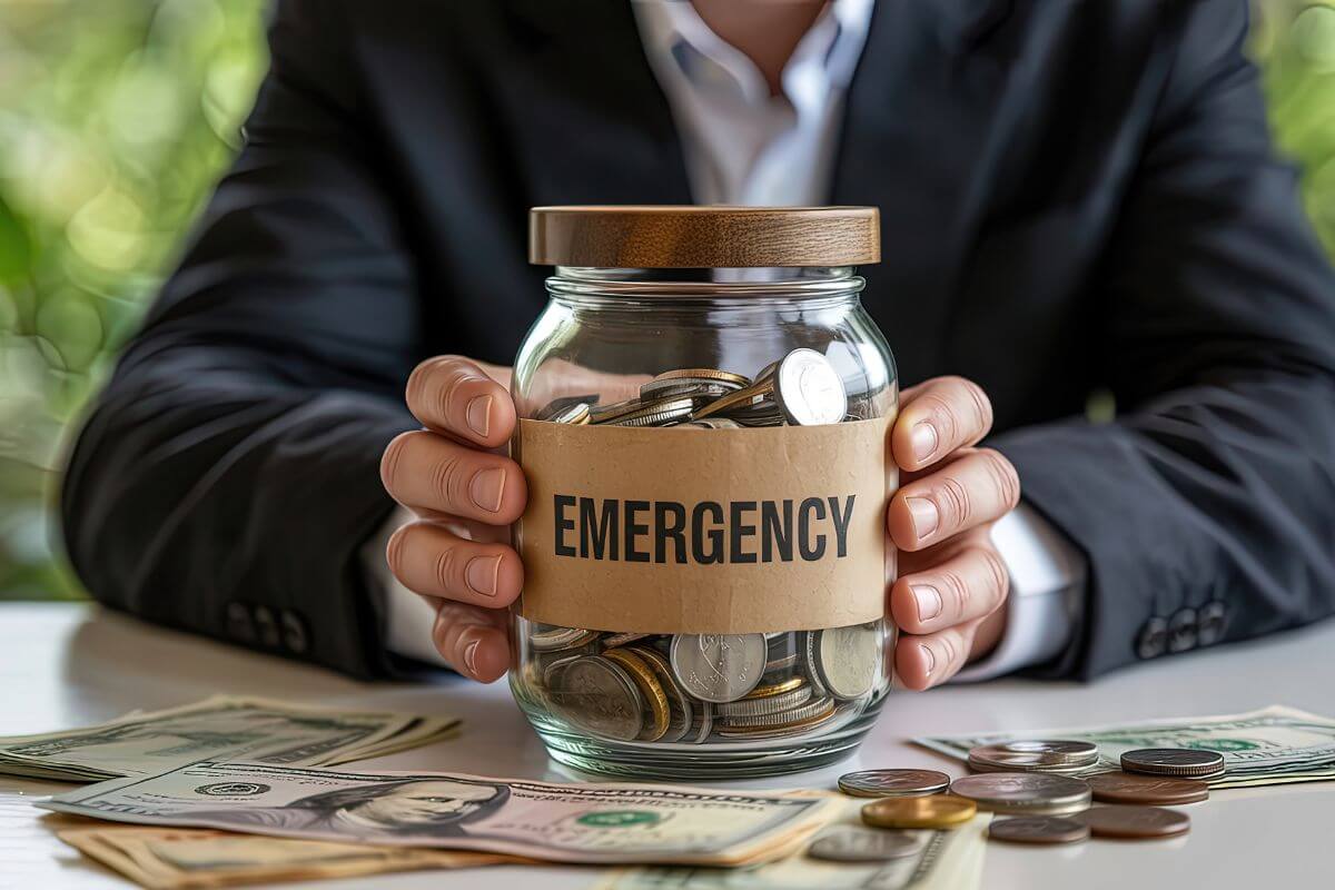 An image of a man holding a jar with an emergency fund.