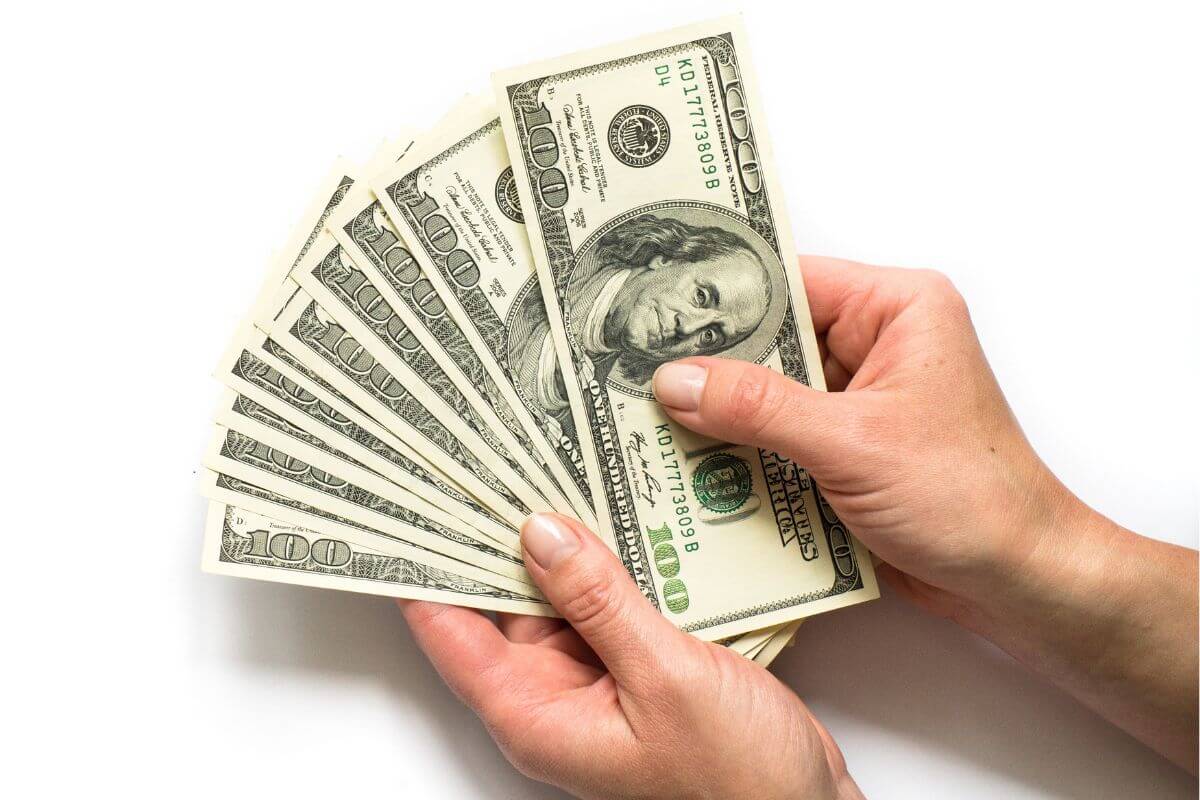 A picture shows a woman's hand holding money.
