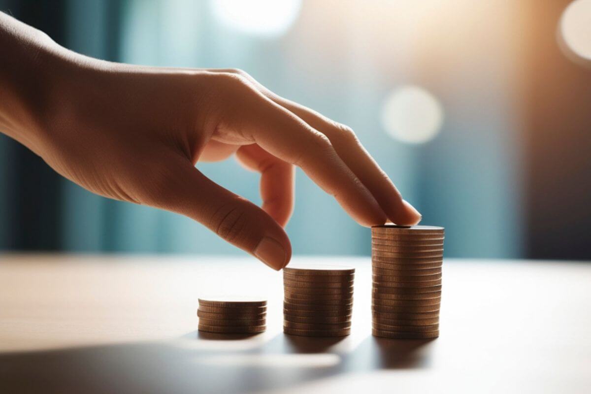 One image shows a man's hand counting stacks of pennies.