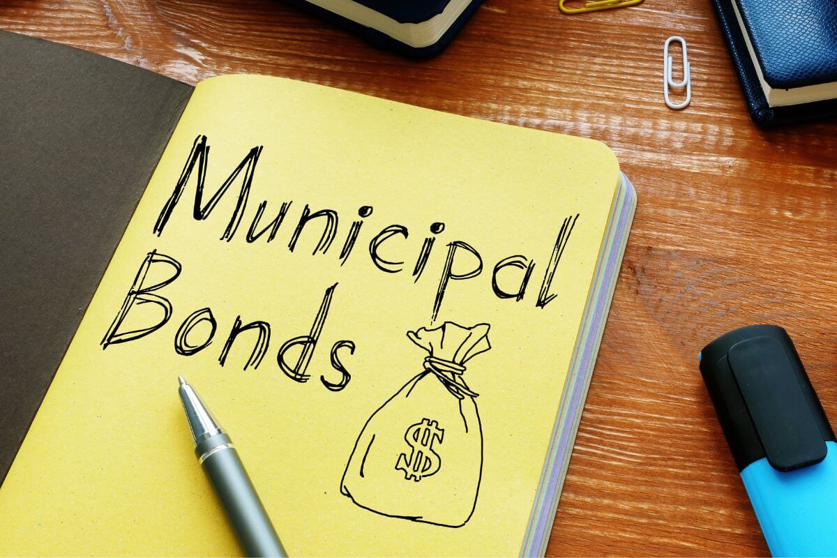 A picture shows a notebook with municipal bonds written on it.