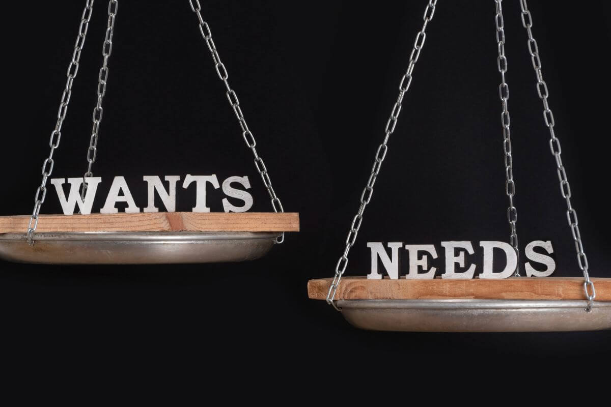 A photo tells about weighing the word wants and needs.