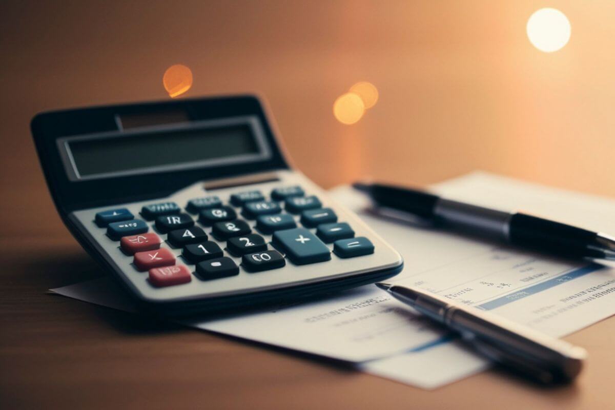 An image of a calculator, pen and paper.