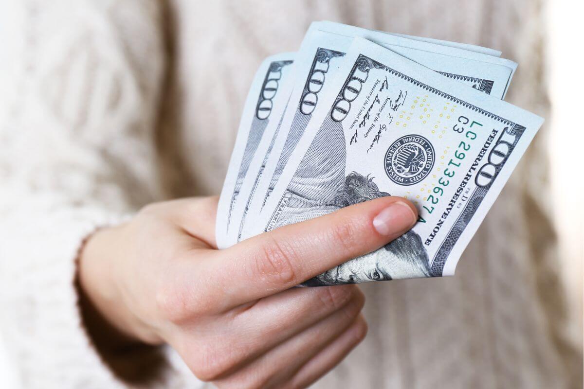A picture shows a woman's hand holding money.