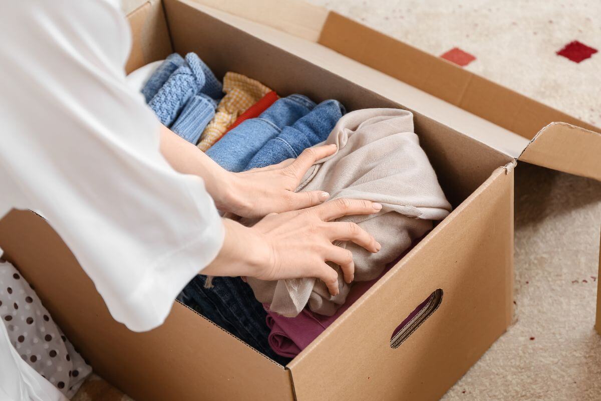 A picture of a woman decluttering her stuff.