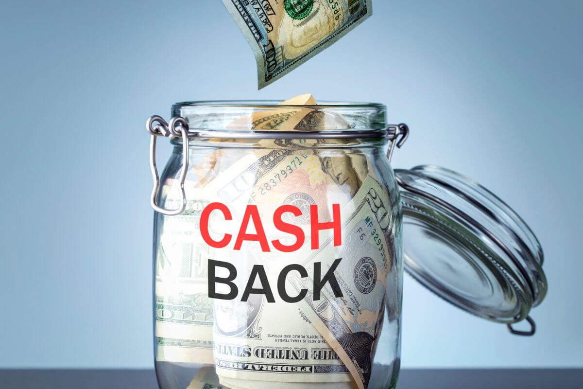 A picture shows a jar with cash back wording and money.