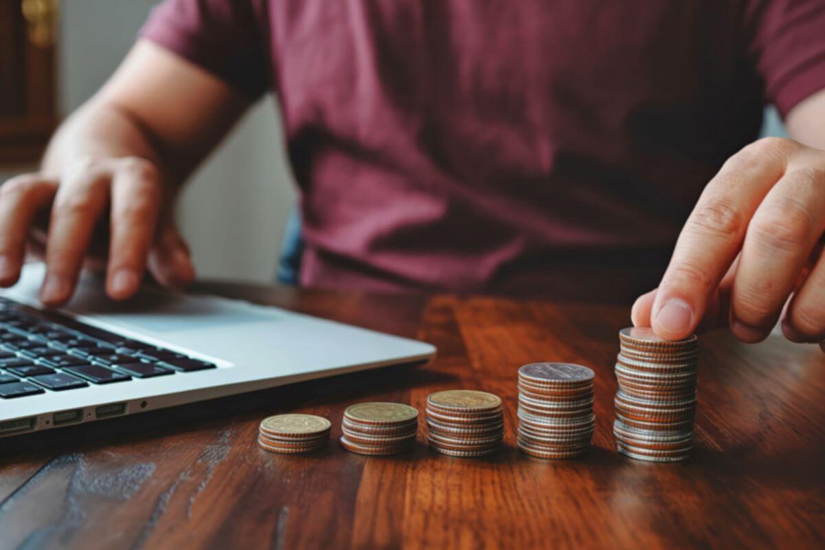 An image shows a man arranging the stacks of coins.