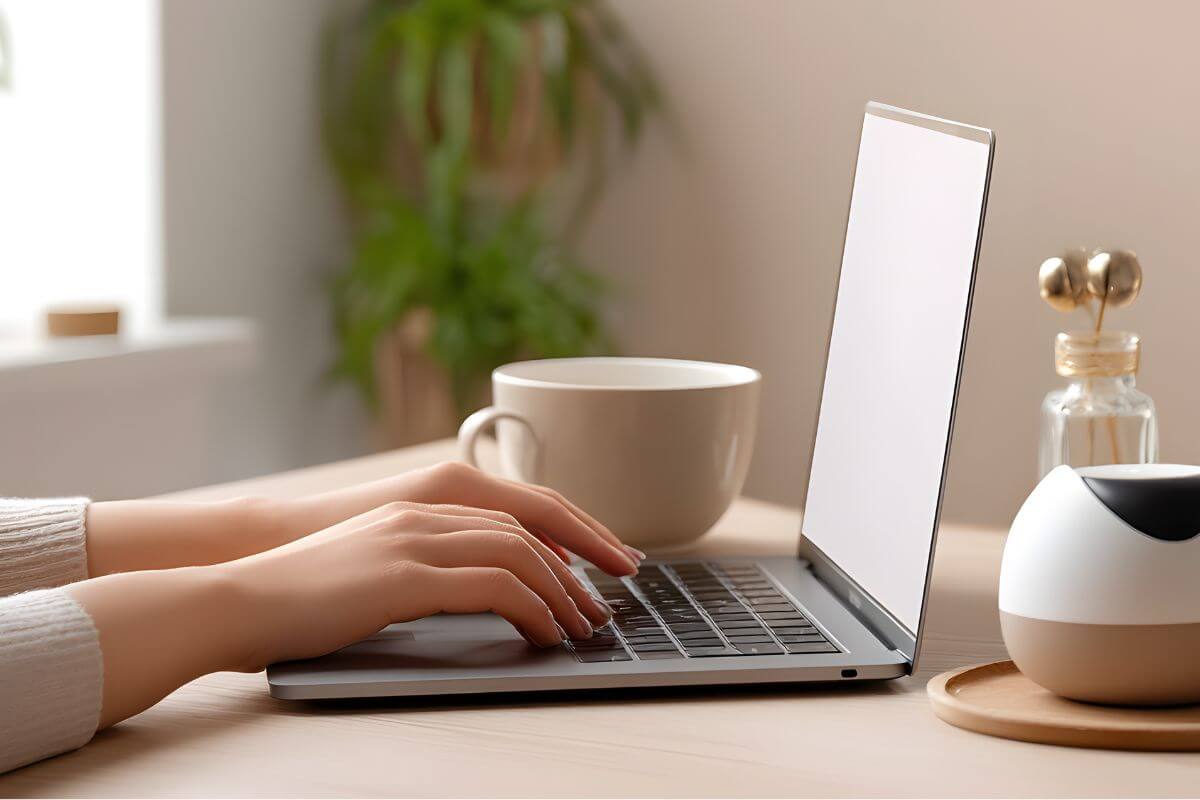 An image of a woman's hand using a laptop.