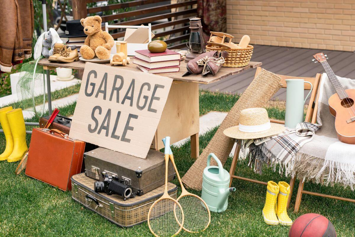 A picture shows items at a garage sale.
