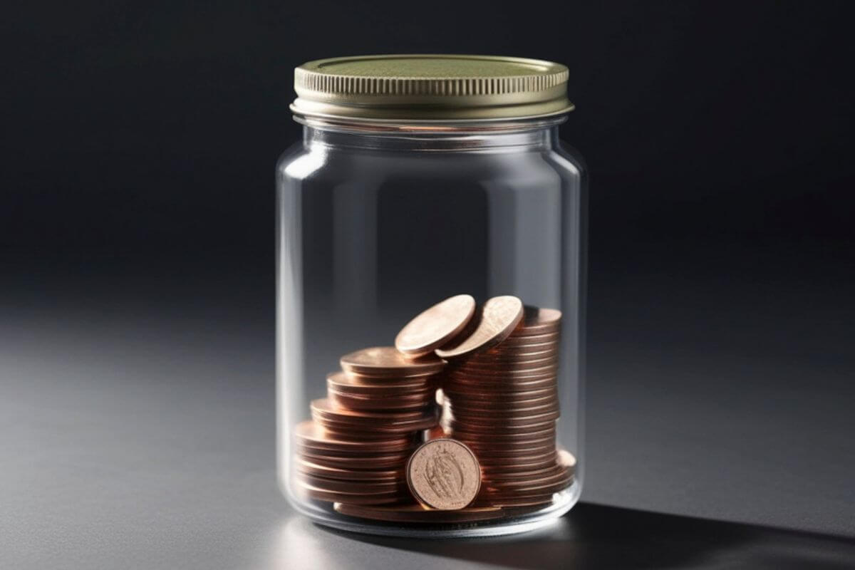 A picture of a jar with coins inside.