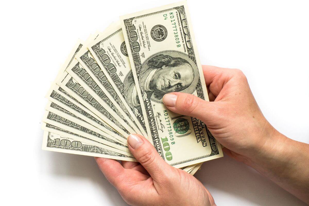 A picture shows a woman's hand holding money.