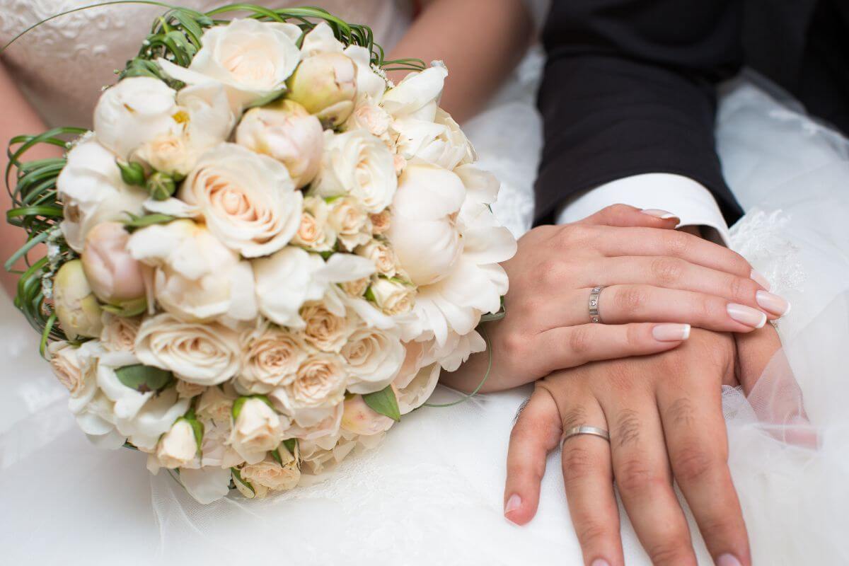 A picture of a couple on their wedding day.