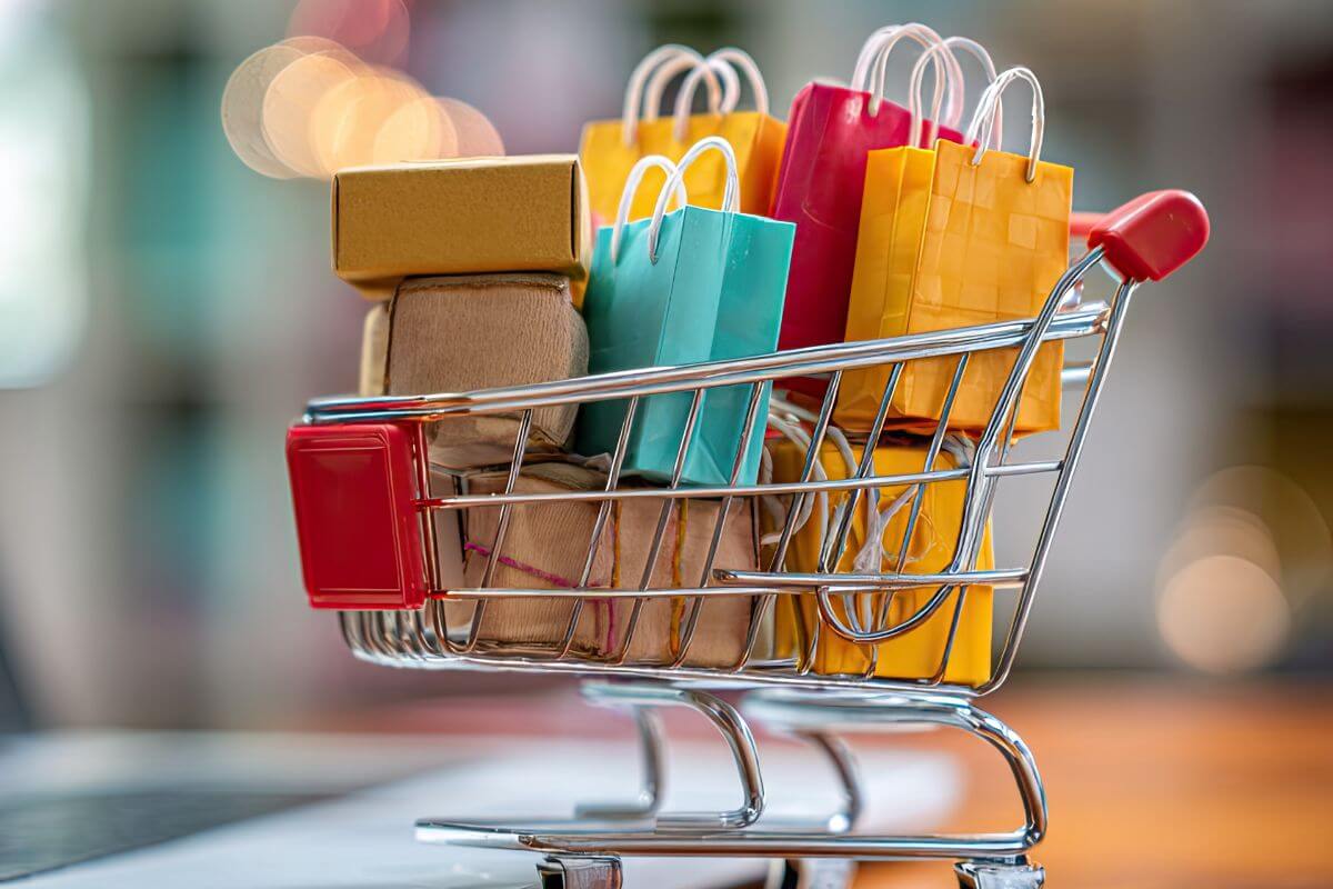 An image of a cart full of shopping bags.