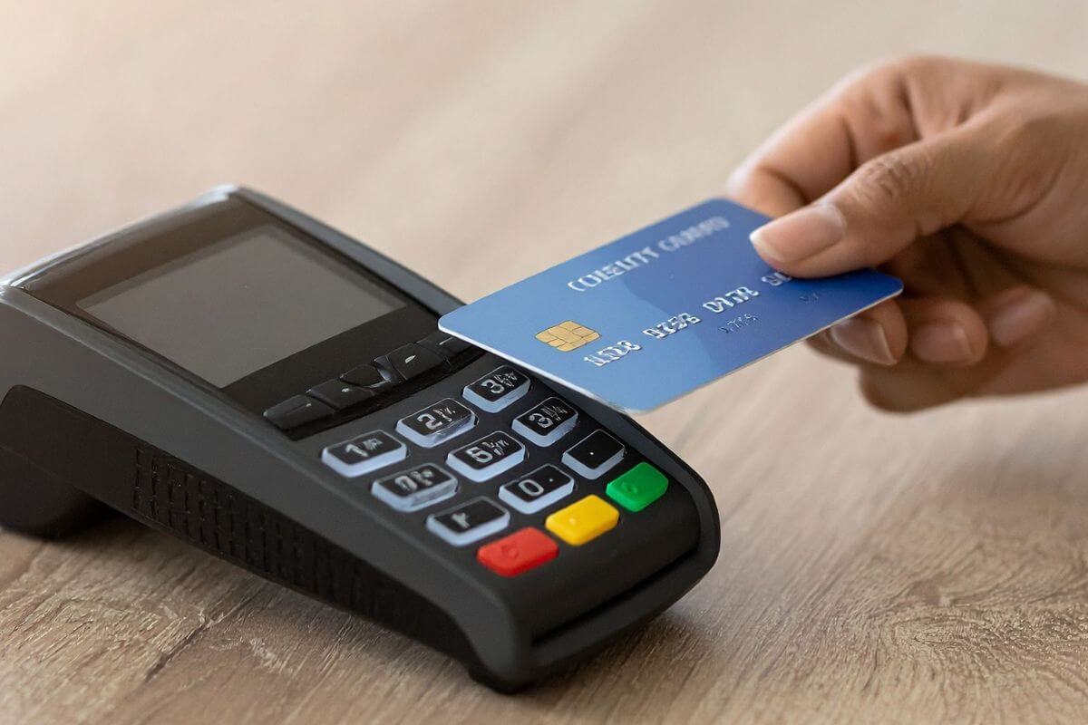 A picture of a woman paying using a credit card.
