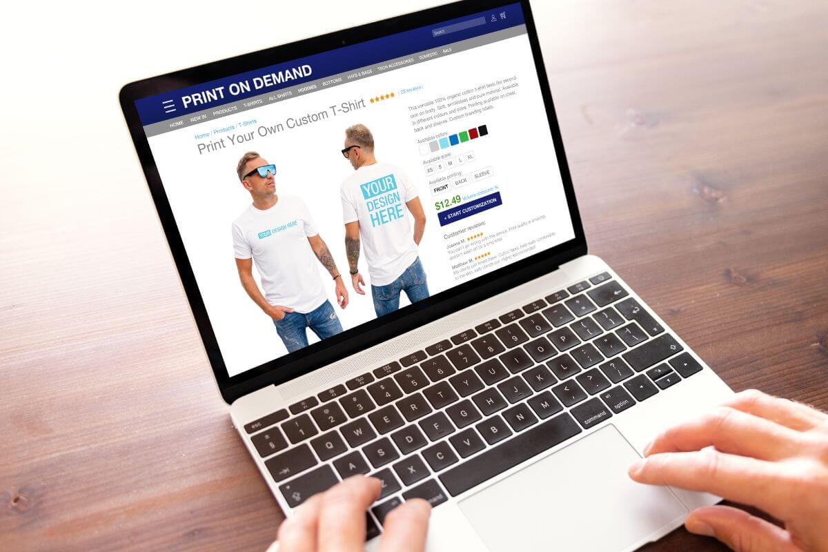 A picture shows a man selling print-on-demand products online.