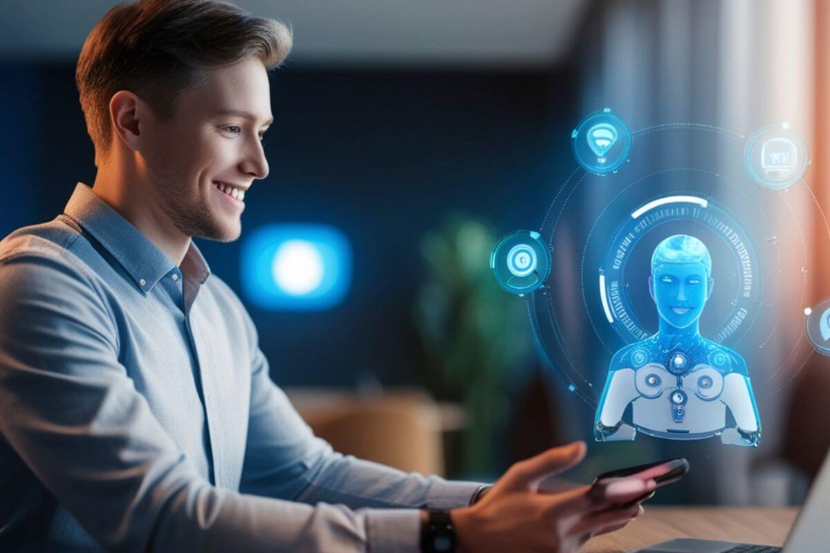 A picture of a man asking for AI assistance.