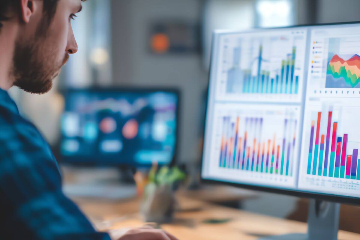 A picture of a man analyzing the data on the monitor.