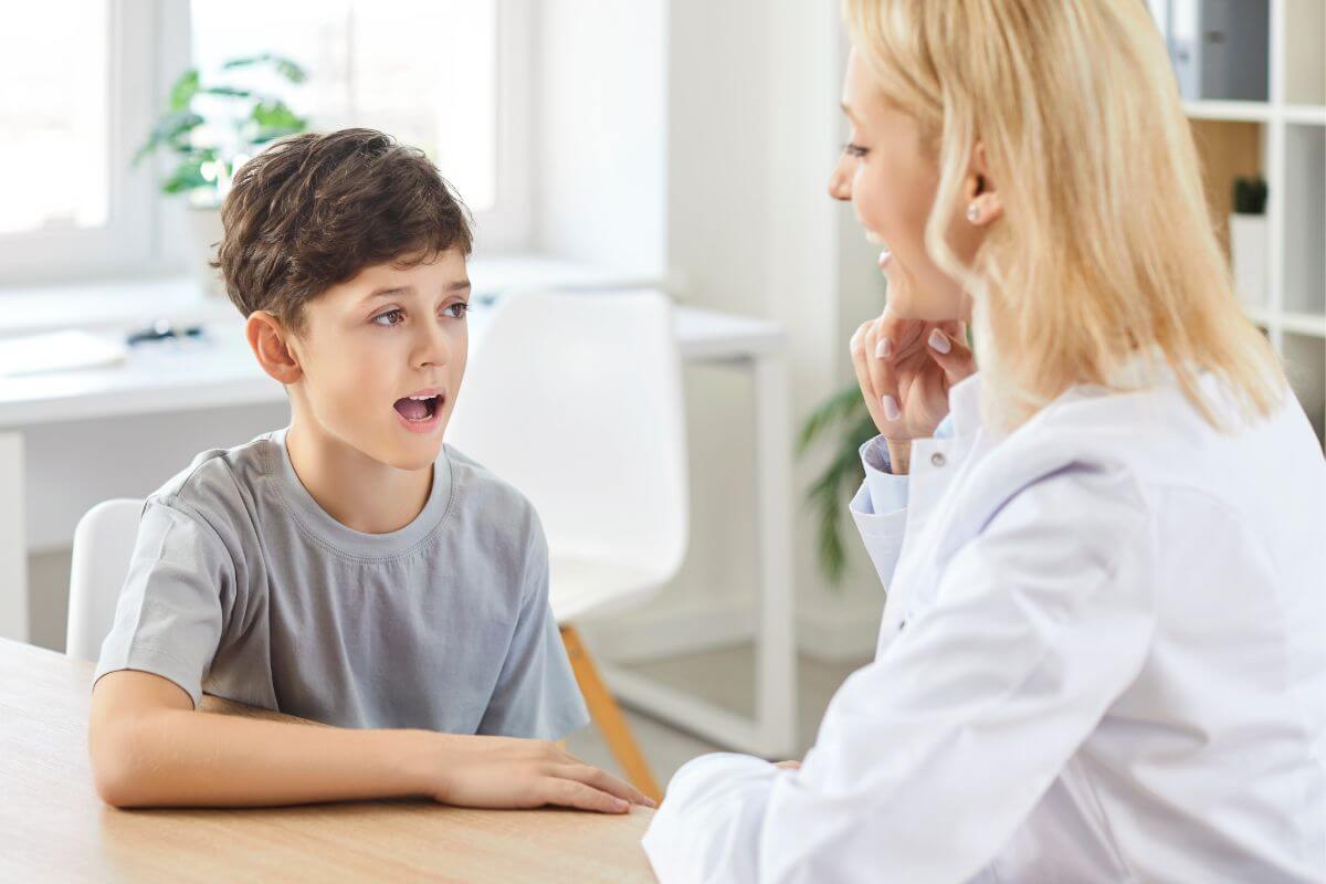 A picture of a woman training a child.