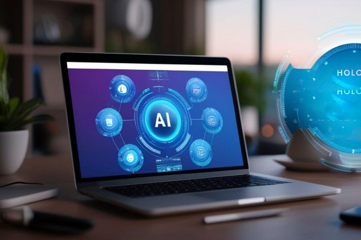 Uma imagem de um laptop com tela de IA.