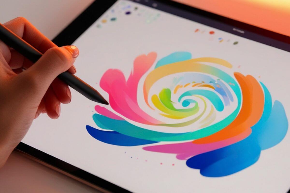 An image shows a woman's hand making digital art.