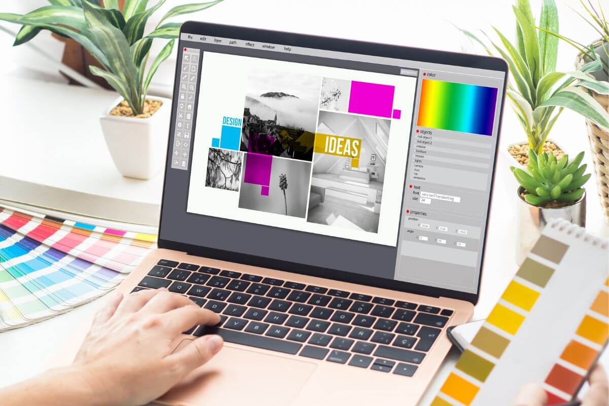 An image shows a woman doing a graphic design.