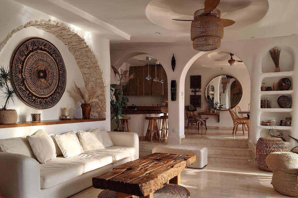 Uma imagem mostra uma sala de estar cheia de coisas.