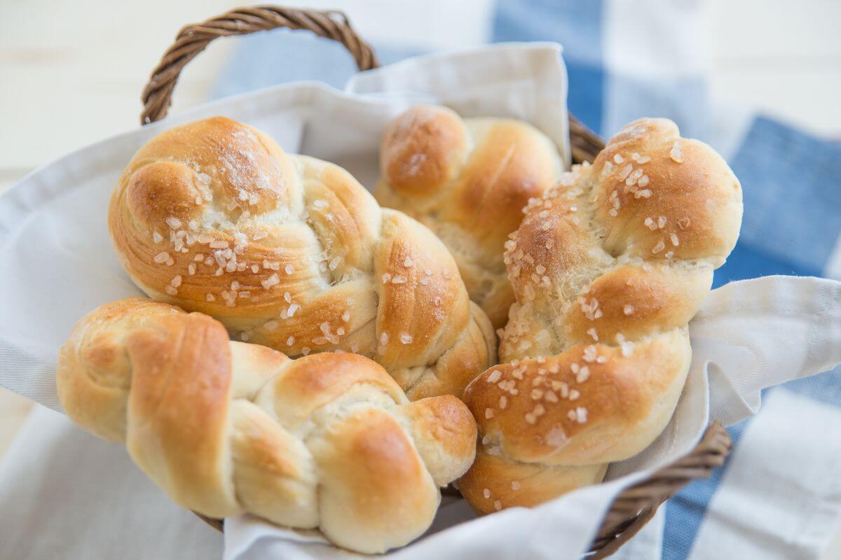 A picture shows bread in a basket.