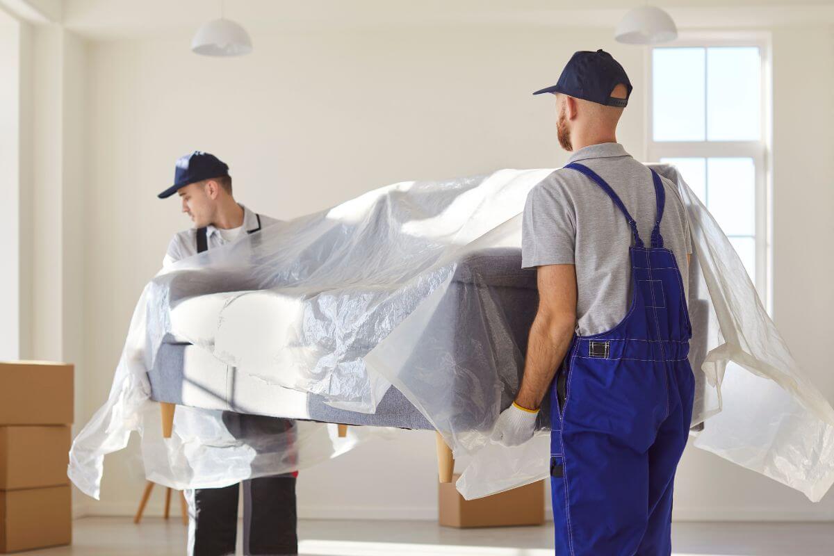 A picture shows men carrying furniture.