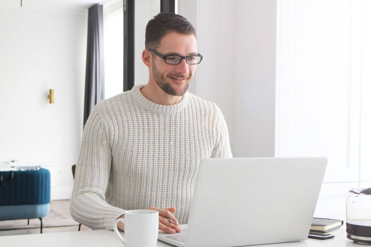 One image shows a man working on his laptop.