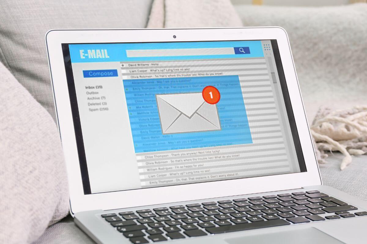 A picture shows a laptop with an email display.