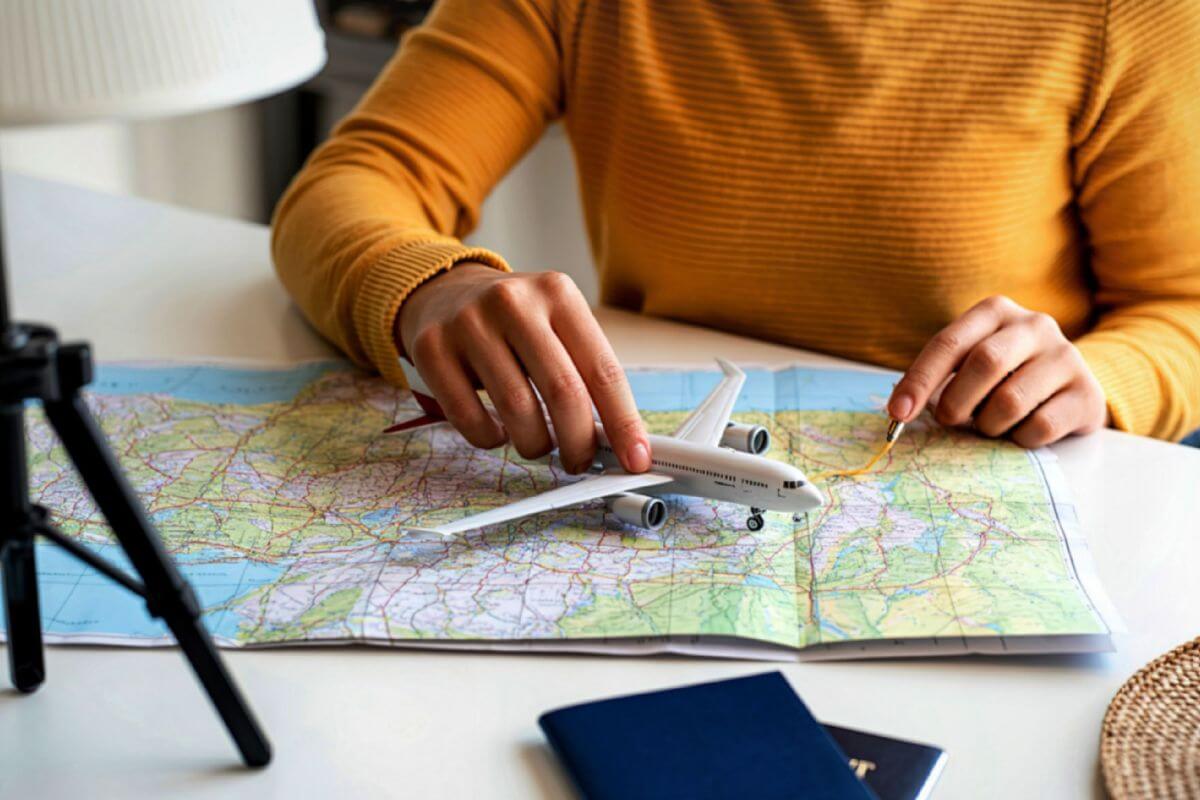 An image shows a woman planning her trip.