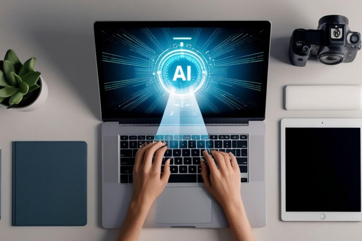 A photo shows a woman's hand using AI support.