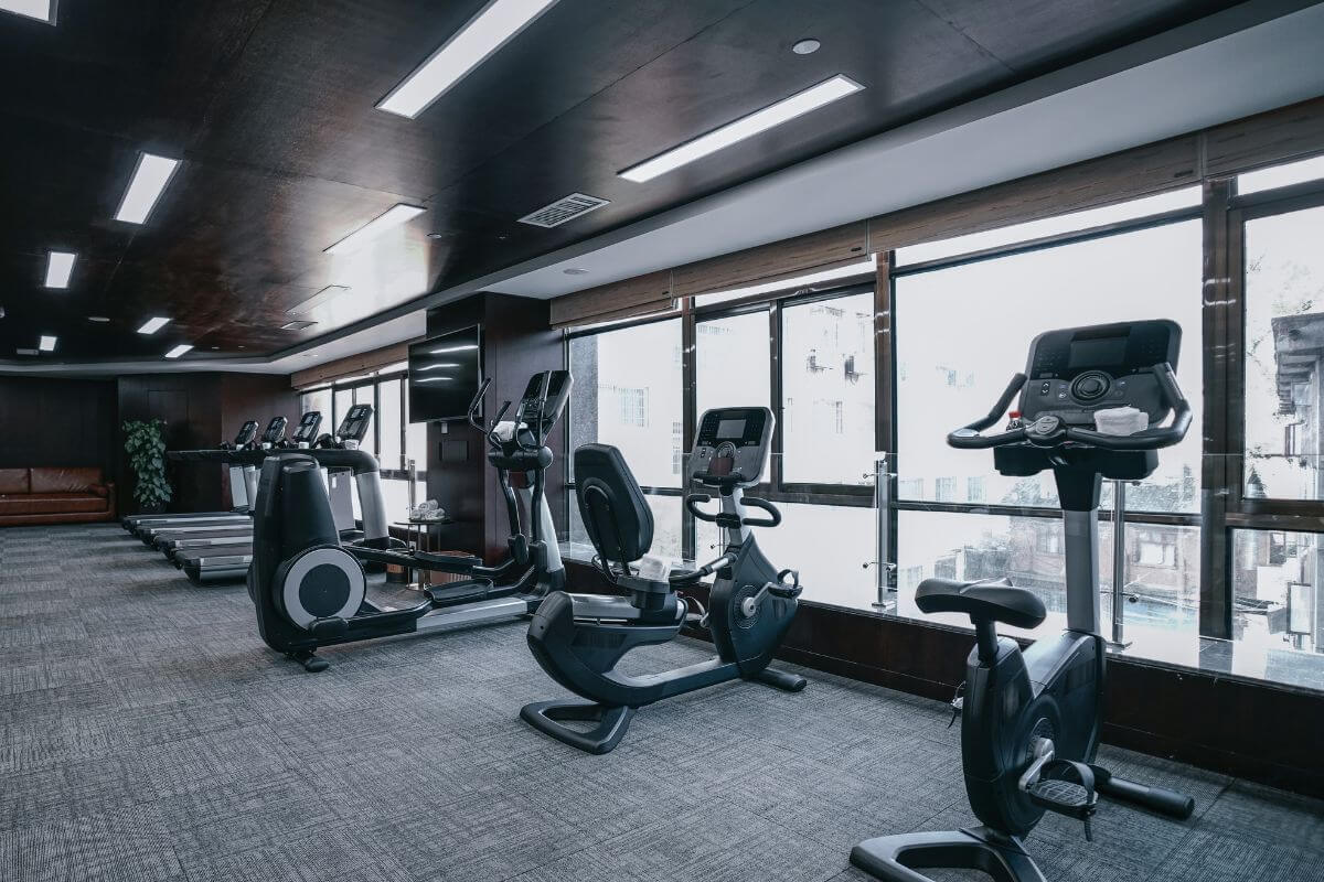 An image shows inside a gym.