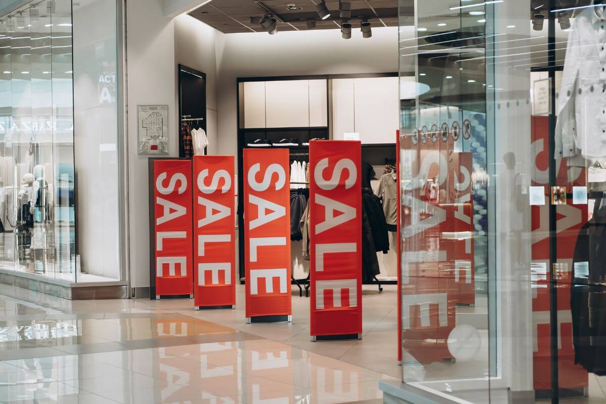 A picture of a sale banner in a clothing store.
