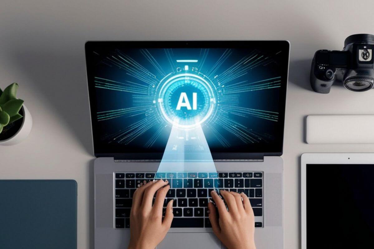 An image shows a man's hand using AI support.