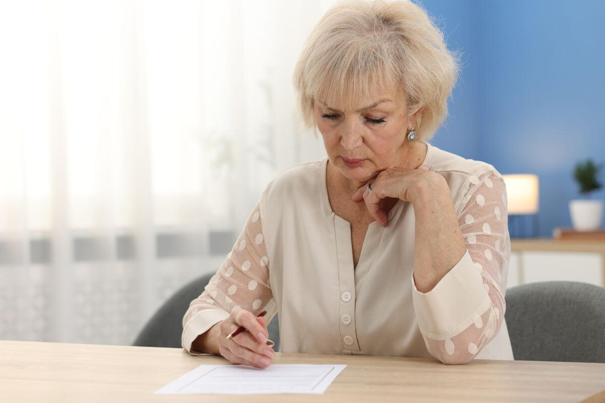 Uma imagem de uma mulher idosa revisando alguns documentos.