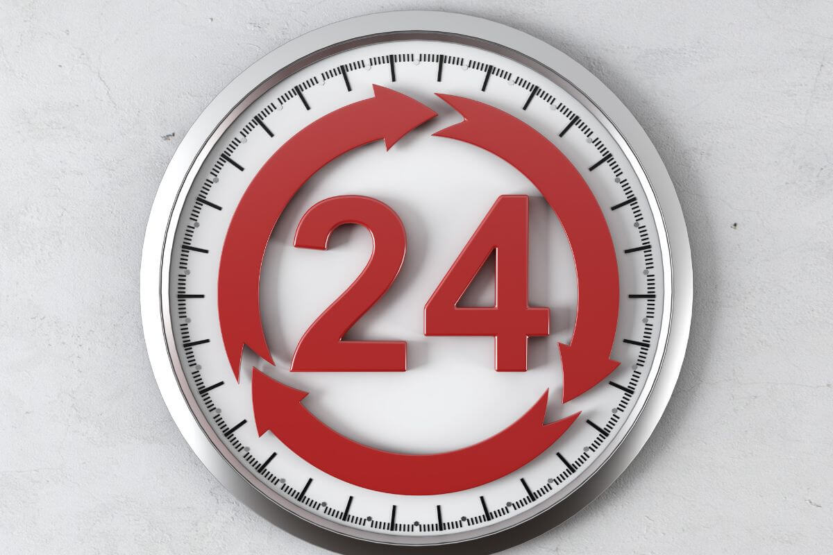 A picture shows a 24-hour clock.