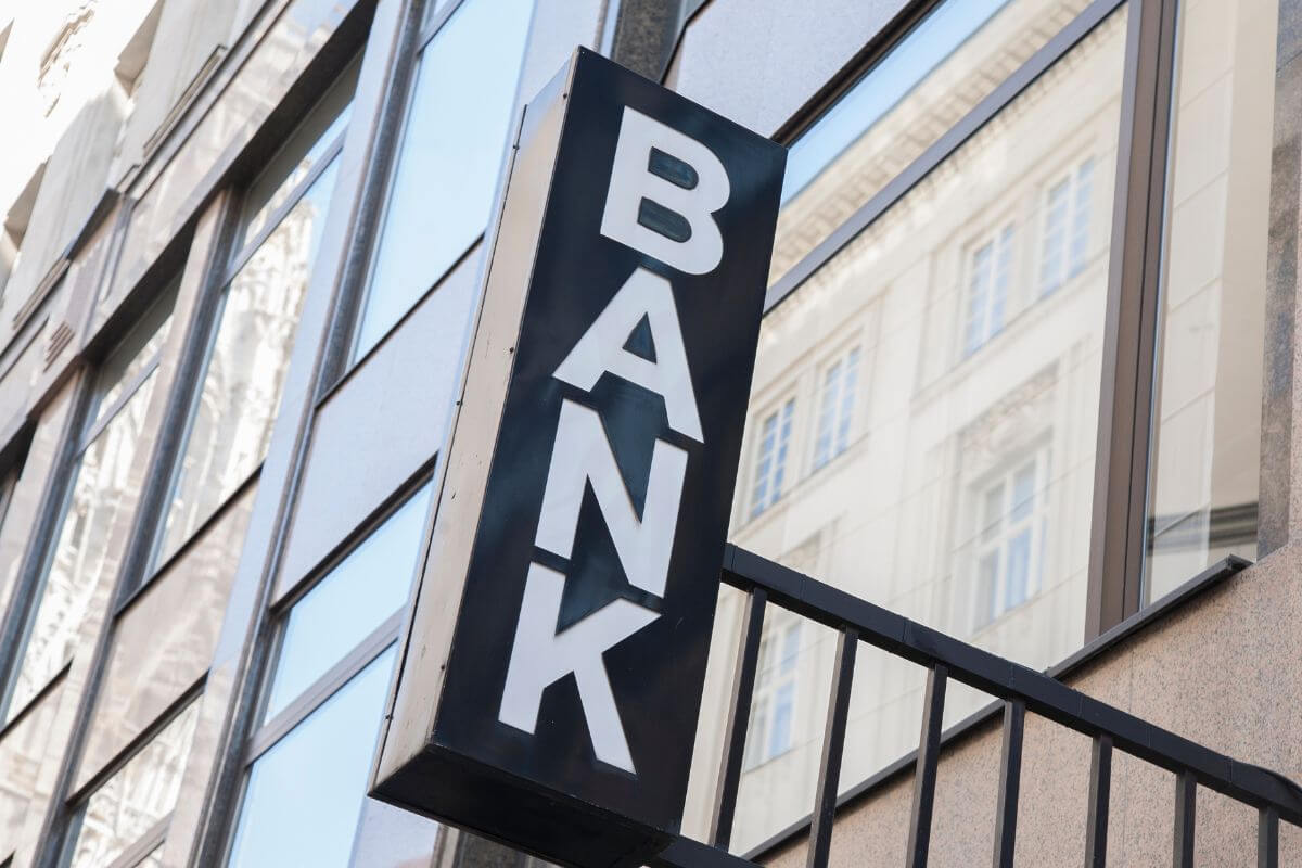 An image shows a bank signage.