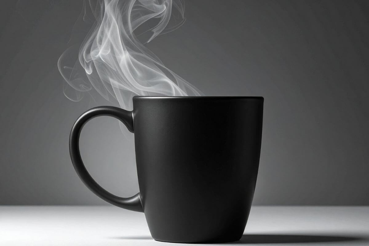 An image shows a black coffee mug.