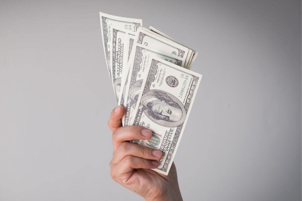 A picture shows a woman's hand holding money.