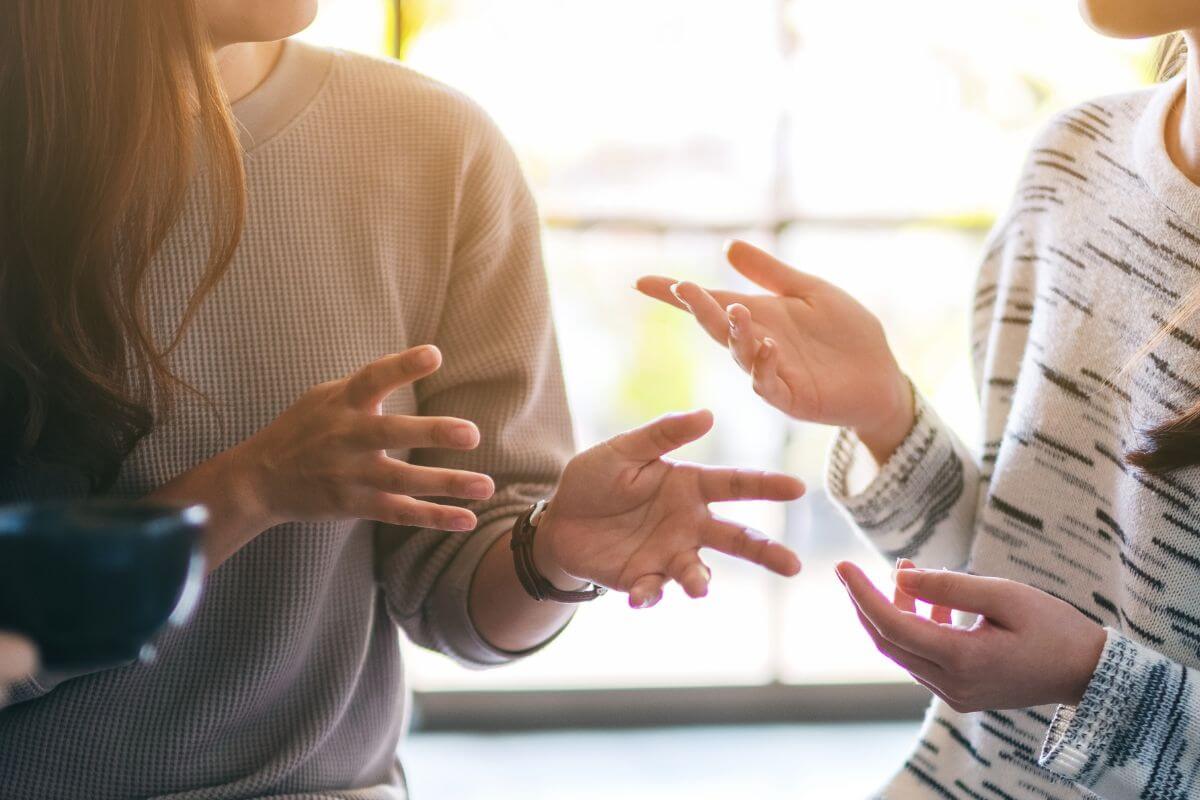 A picture shows people talking together.