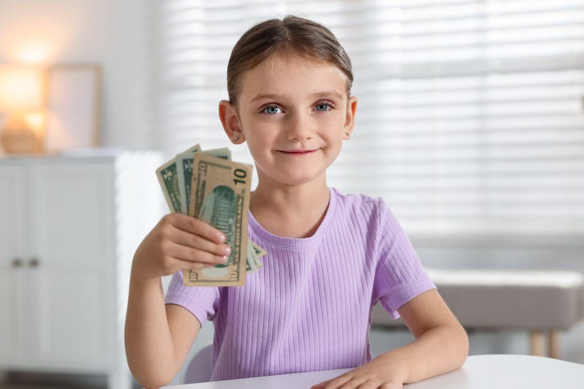 An image shows a kid holding money.
