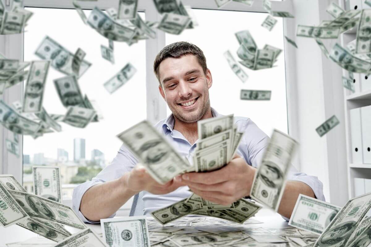 An image shows a rich man counting money.